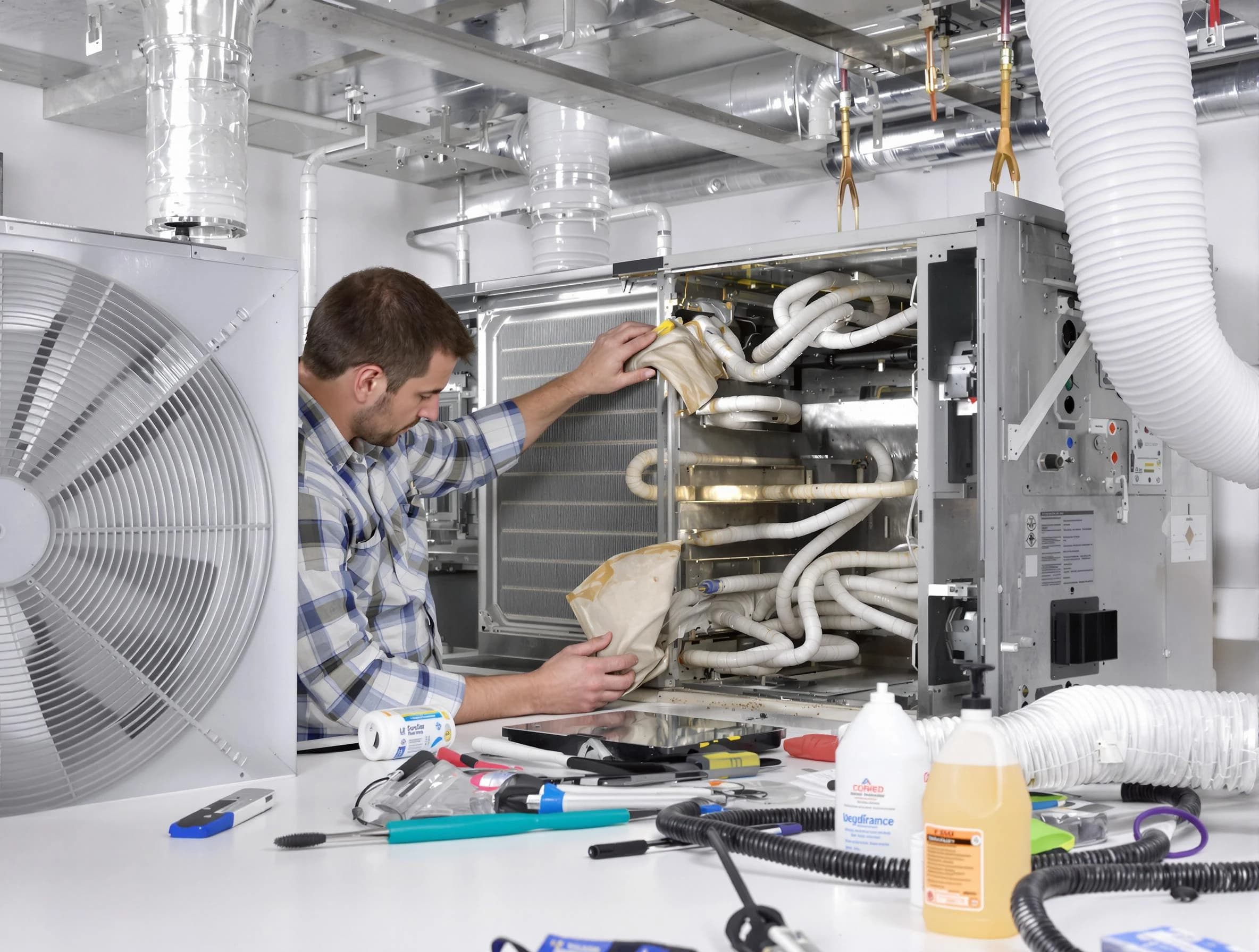 Evergreen Air Duct Cleaning specialist performing precision AC coil cleaning in Evergreen