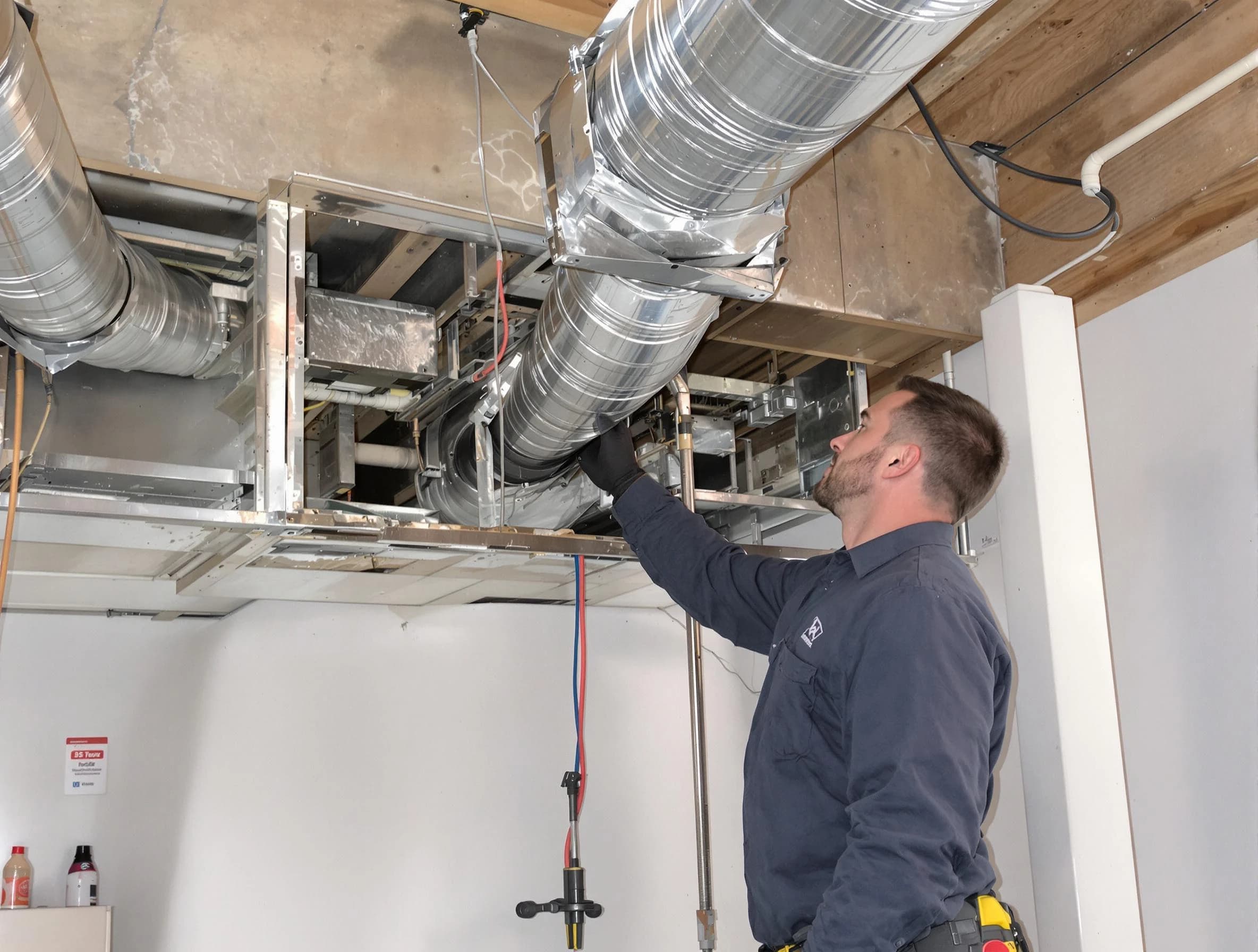 Evergreen Air Duct Cleaning technician performing professional air duct repair using specialized tools in Evergreen