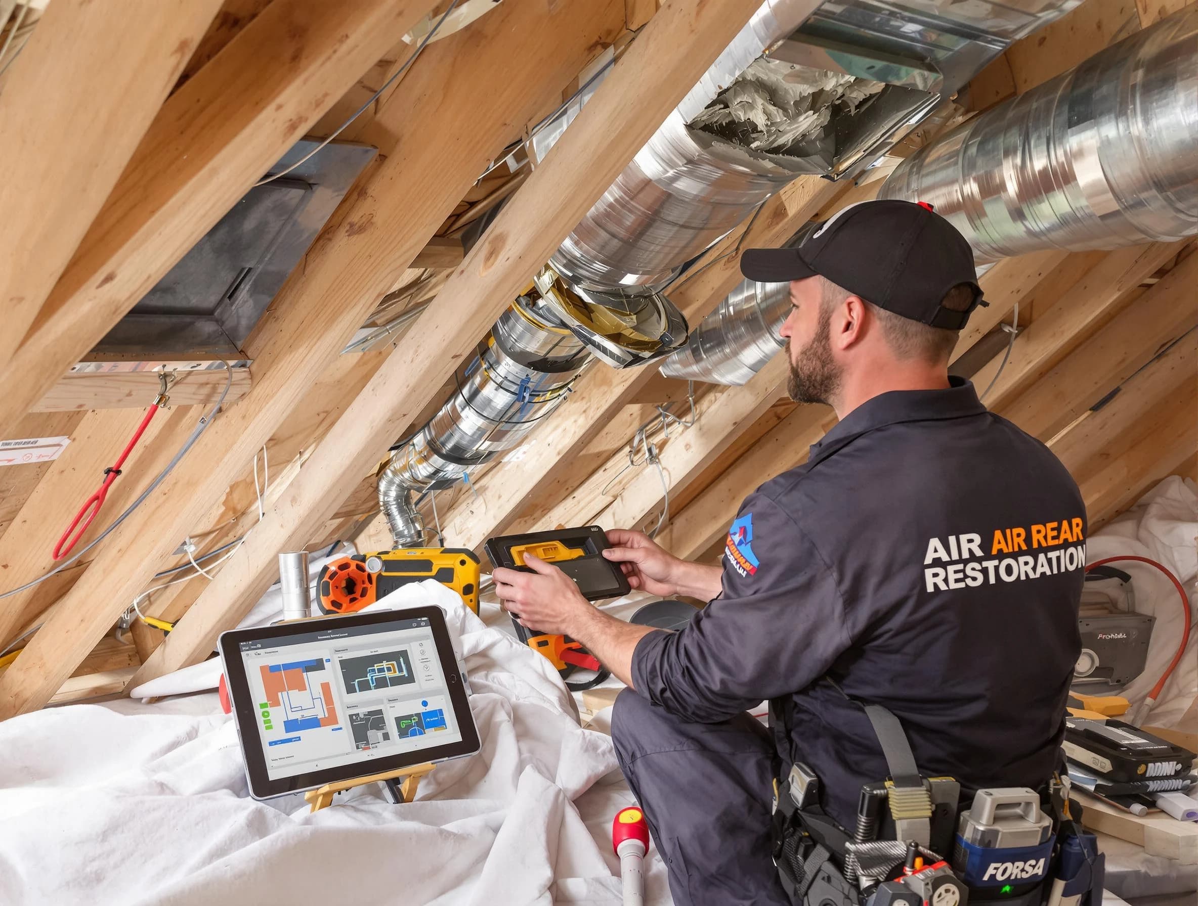 Evergreen Air Duct Cleaning technician performing precise duct repair work in Evergreen