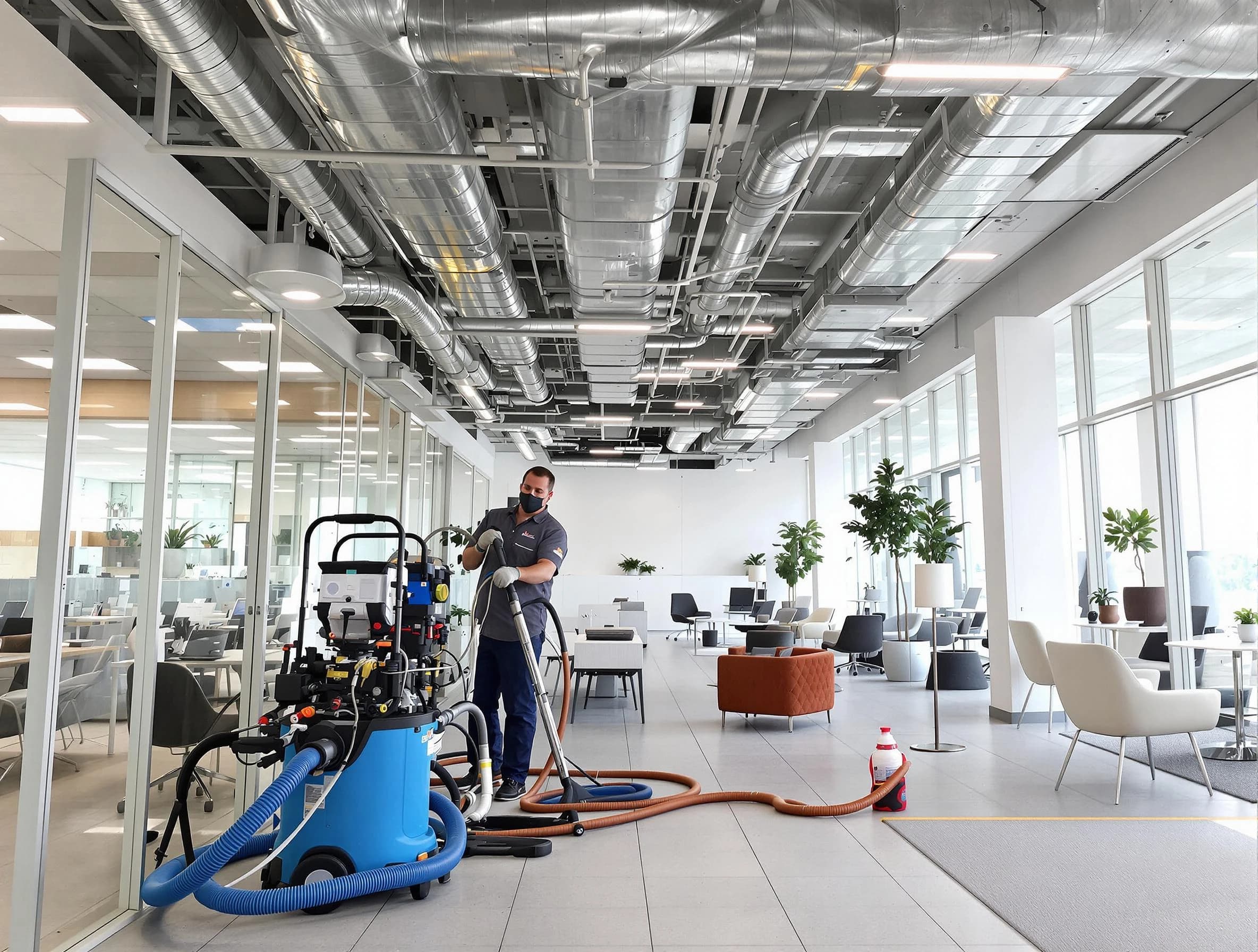 Evergreen Air Duct Cleaning team conducting comprehensive commercial duct cleaning at a business location in Evergreen