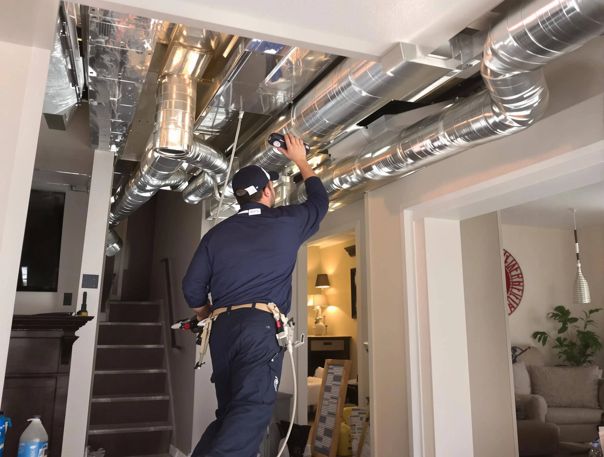Evergreen Air Duct Cleaning expert performing specialized duct cleaning in a mobile home in Evergreen