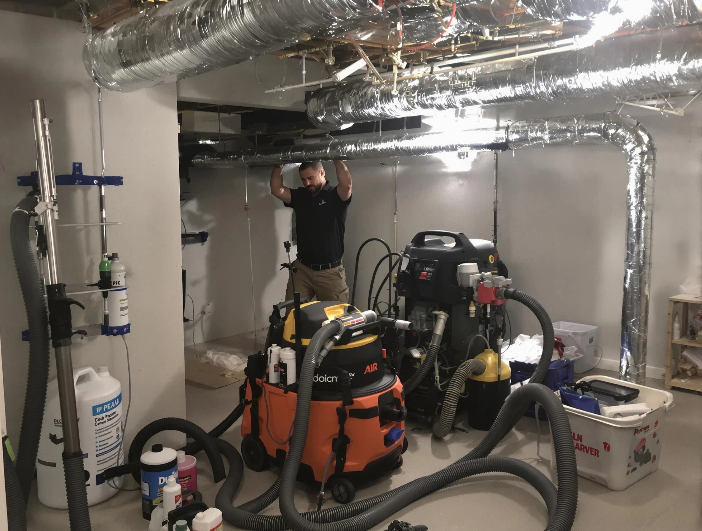 Evergreen Air Duct Cleaning specialist performing professional mold removal from air ducts using safety equipment in Evergreen