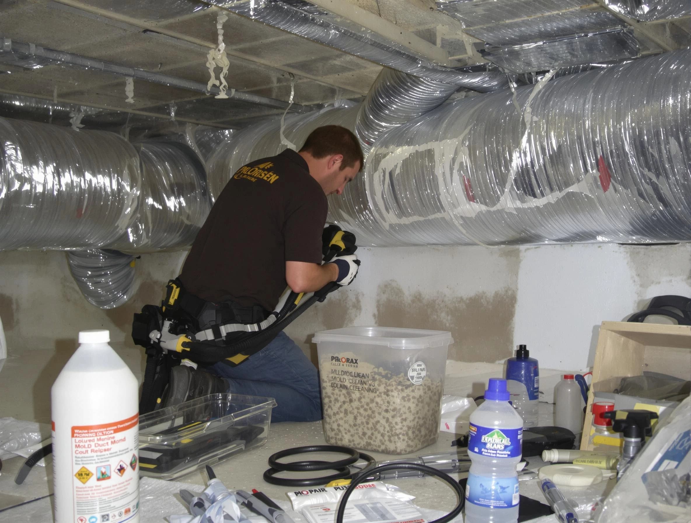Evergreen Air Duct Cleaning specialist performing professional mold removal from air ducts in Evergreen