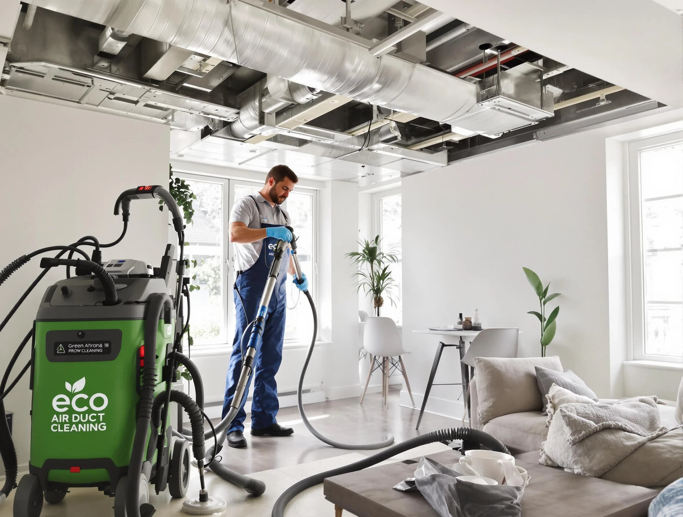 Evergreen Air Duct Cleaning technician performing eco-friendly duct cleaning using sustainable methods in Evergreen