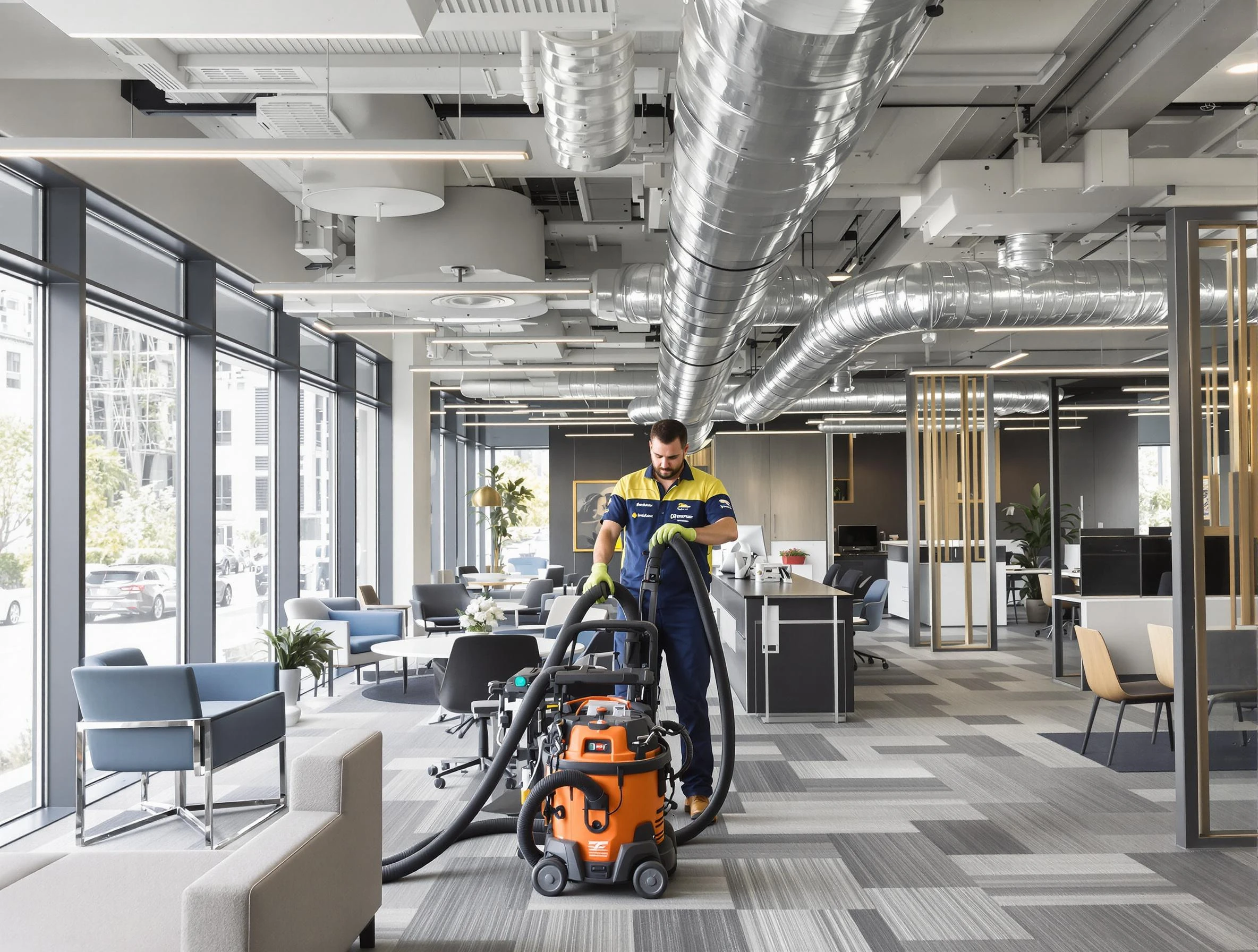 Evergreen Air Duct Cleaning team performing thorough commercial duct cleaning at a Evergreen business center